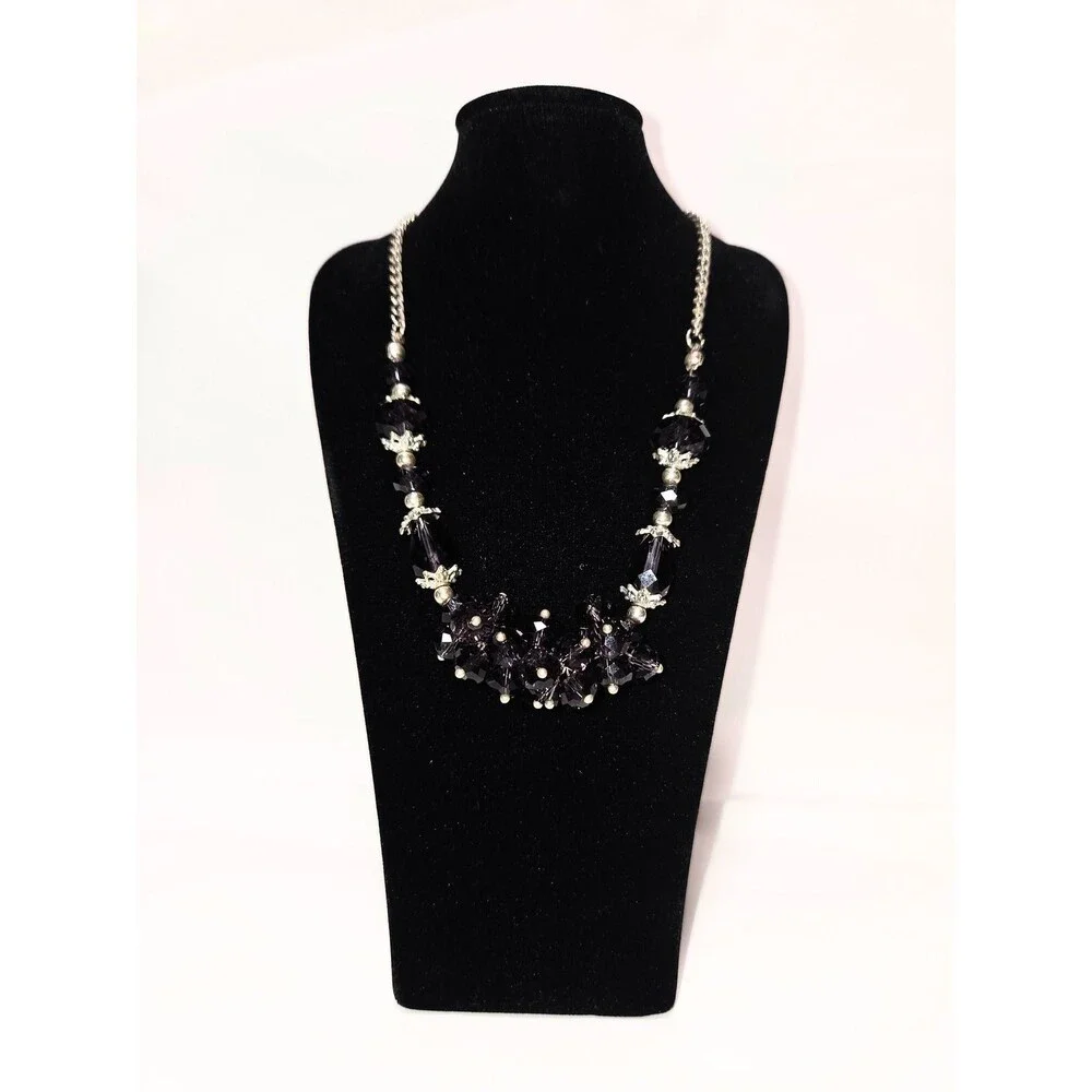Purple Faceted Beaded Statement Necklace Silver Tone Chain Adjustable Length